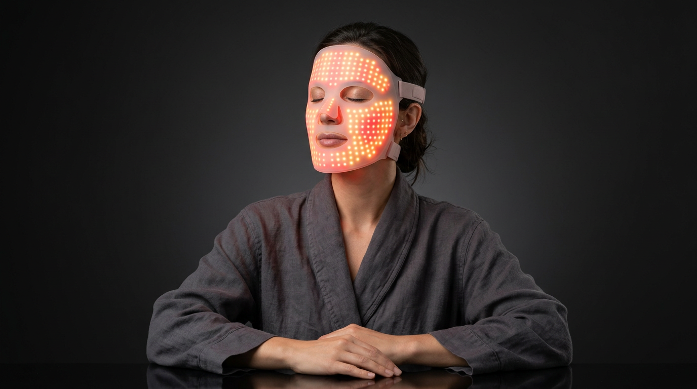 Sessione con maschera LED flessibile per fototerapia viso