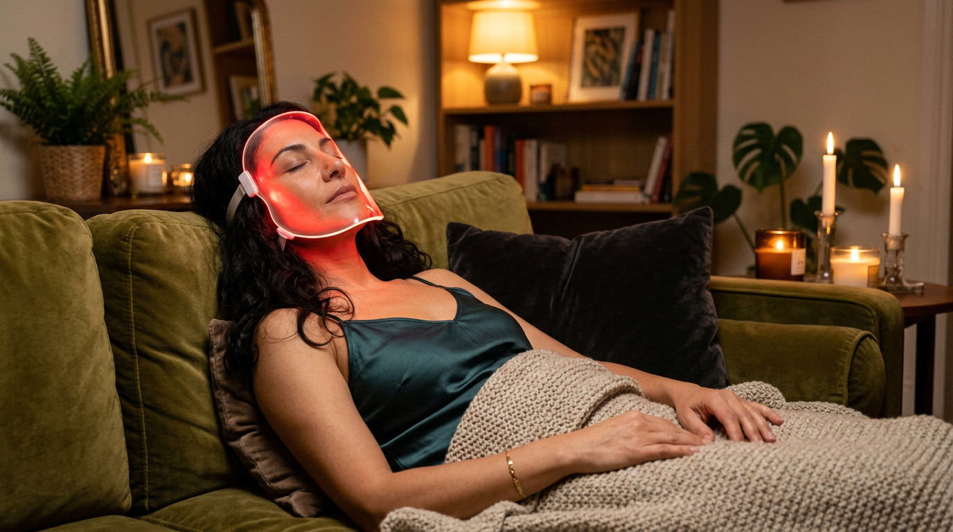 Giulia si rilassa sul divano con la maschera LED accesa