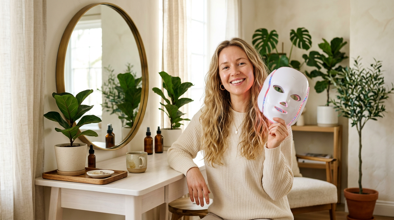 Martina mostra la maschera LED davanti allo specchio