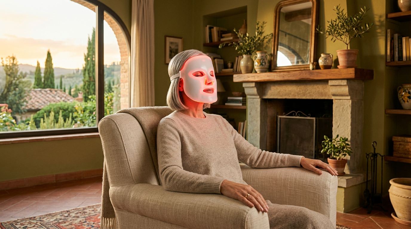 Elena durante una sessione LED nel suo soggiorno