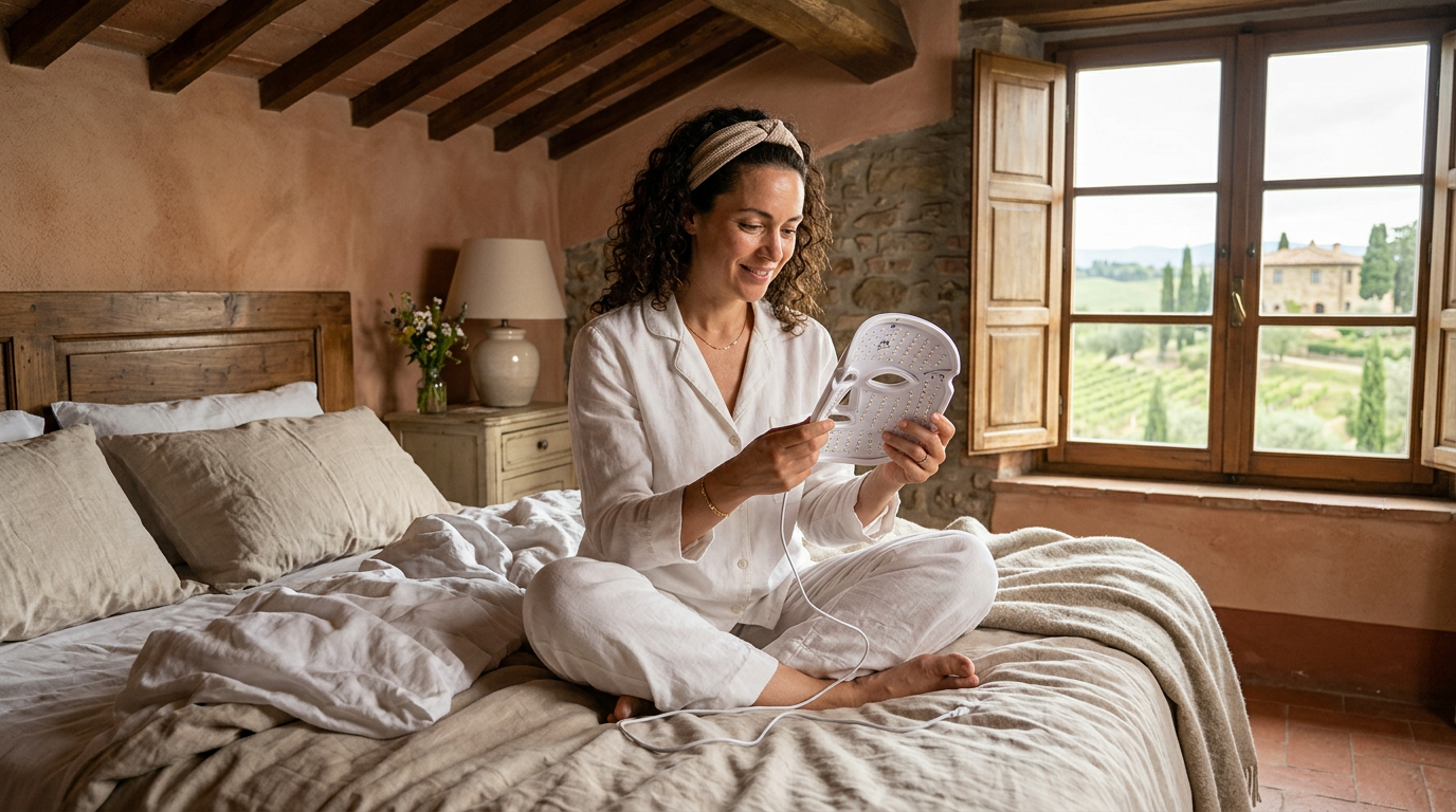 Chiara esamina la maschera LED seduta sul letto